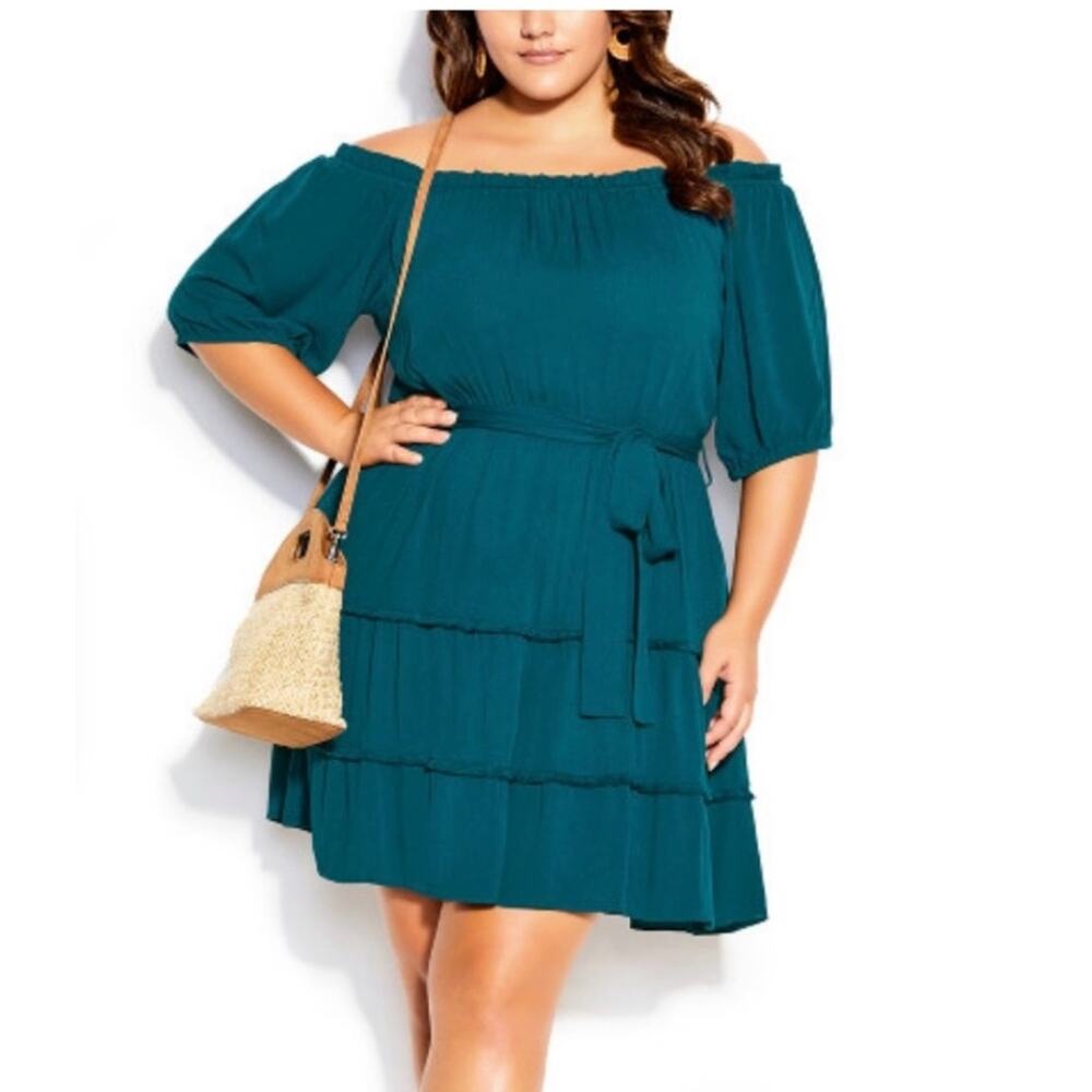 City Chic Teal Fiesta Fringe Mini Dress Plus Size 18 Off Shoulder Boho Tie Waist